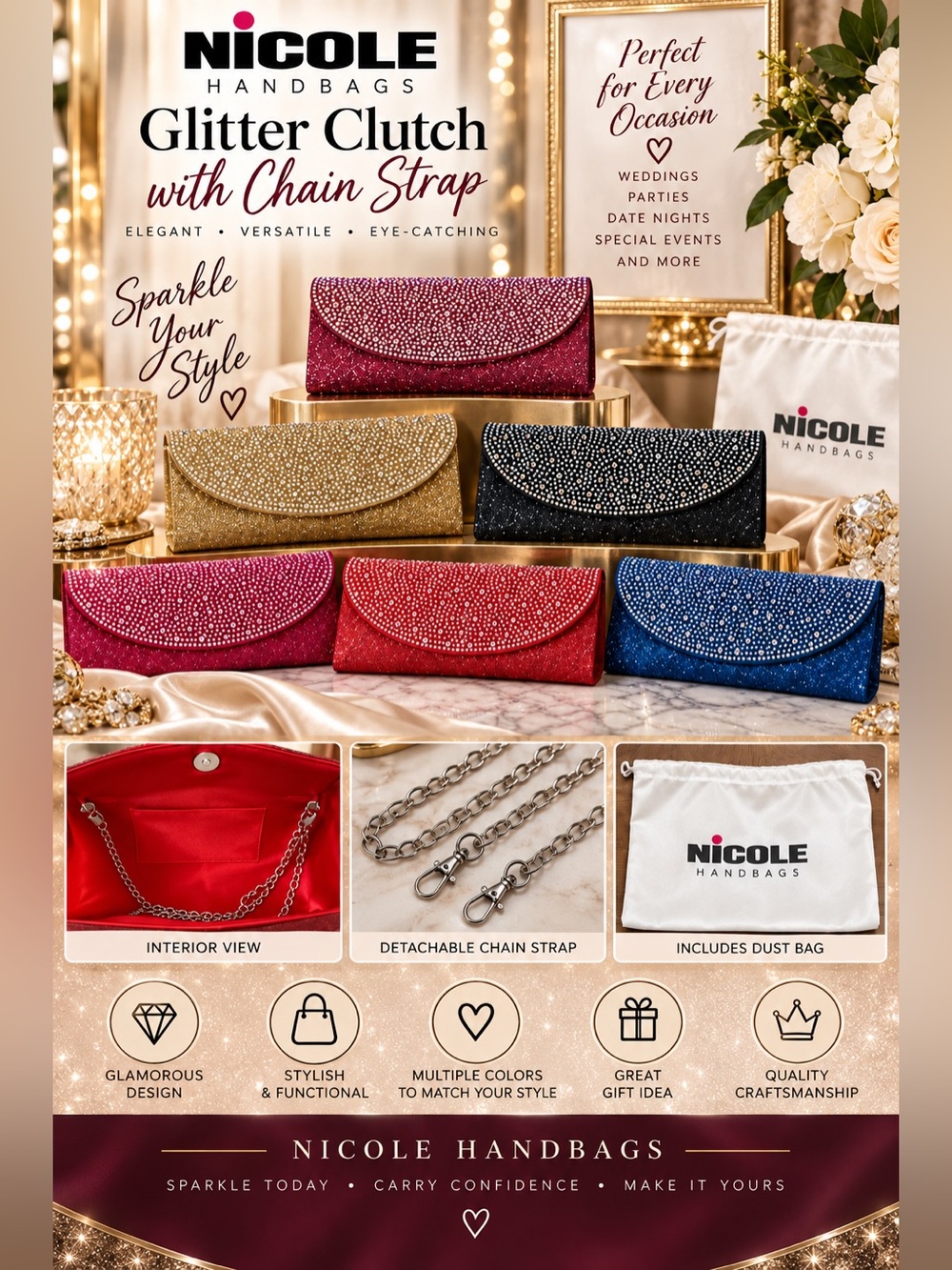 Various Colors Evening Clutch or Shoulder Bag with chain